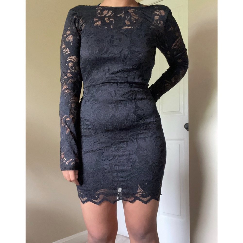 Black lace dress with open deep V-shape back